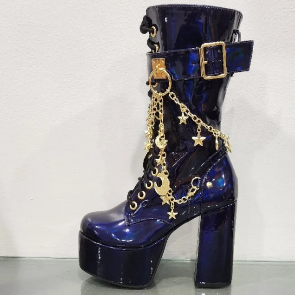 🦋🔥💋HOT ITEM! 💋🦋🔥Holographic Midnight Blue Moon & Star Chain Leather Boots